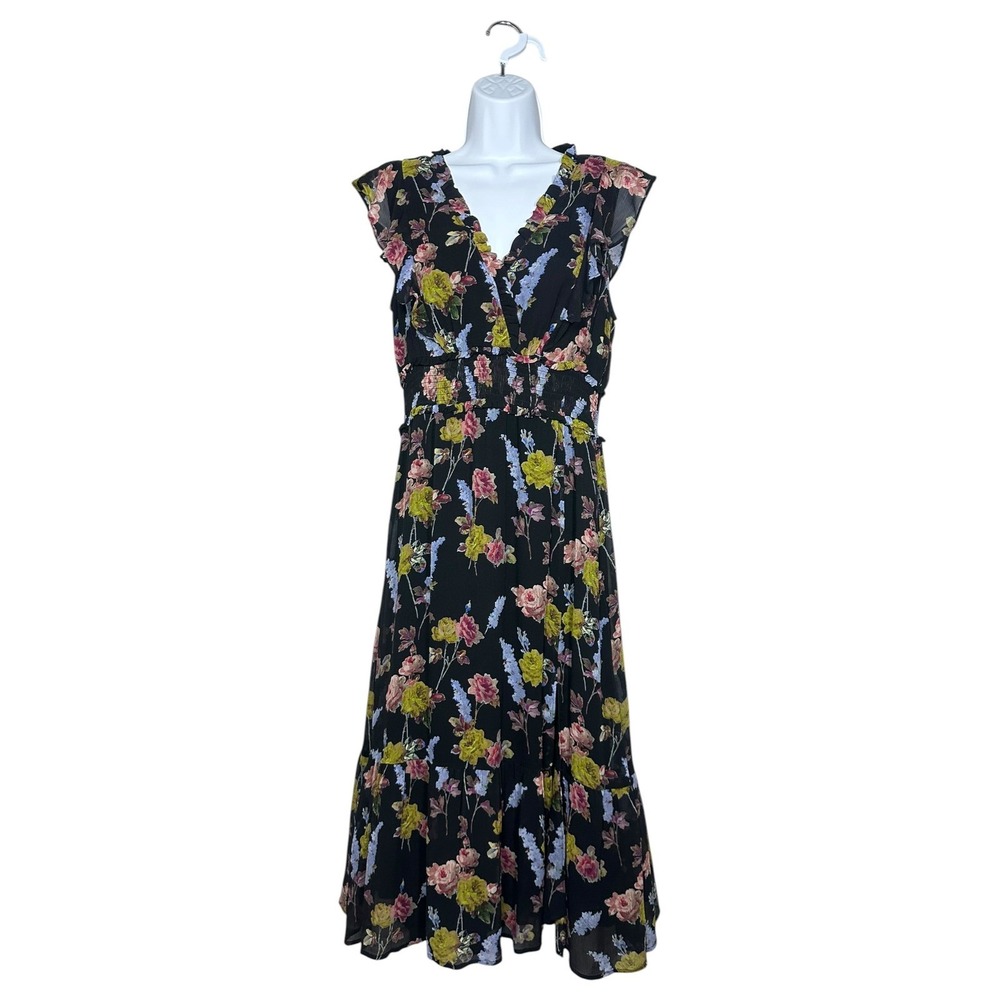PAIGE Katharina Sleeveless Silk Chiffon Midi Dress Black‎ Floral Smocked Waist S - Picture 2 of 14